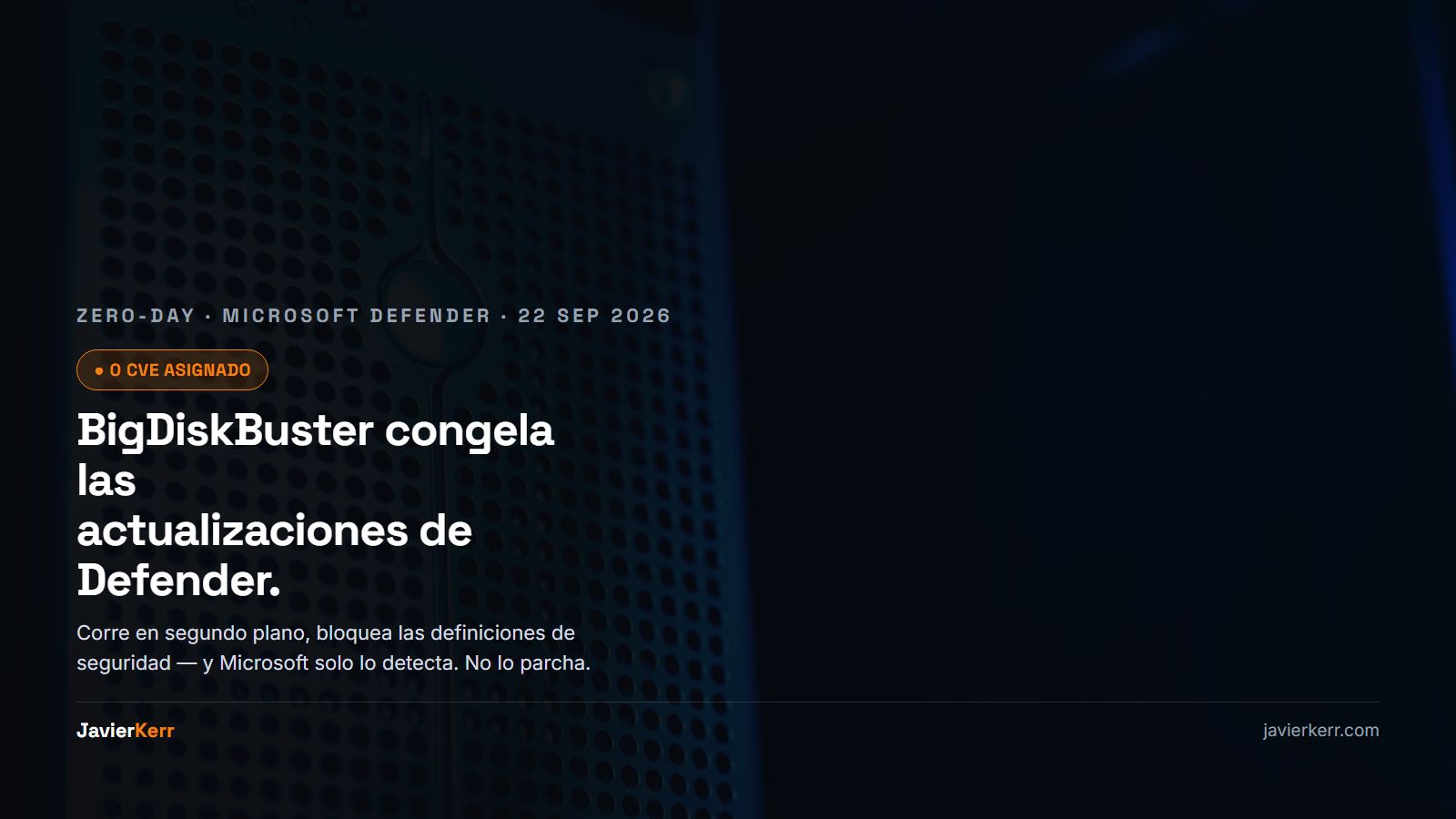 Panel oscuro estilo consola mostrando el ícono de Microsoft Defender con una fecha de definiciones congelada, una insignia roja '0 CVE asignado' y un indicador de proceso en segundo plano activo