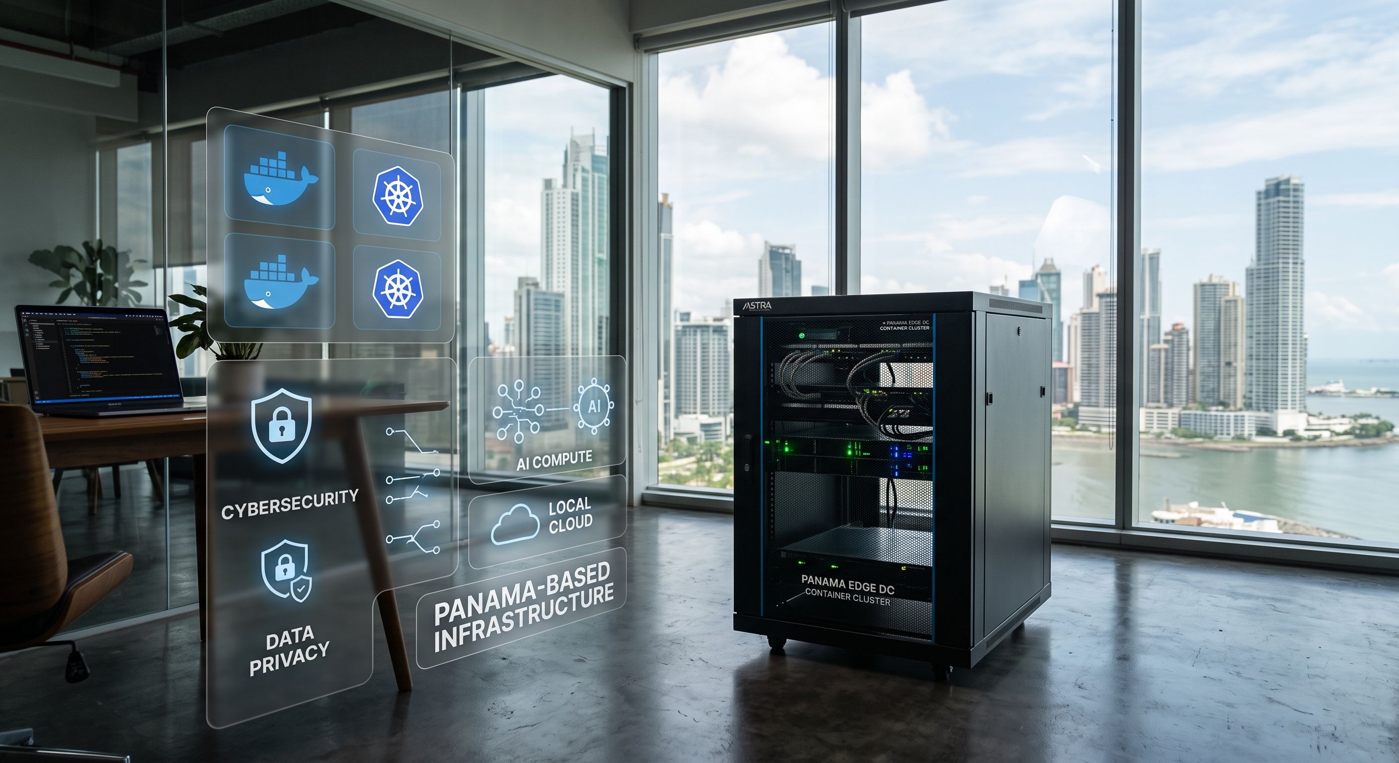 Rack de servidor compacto rotulado 'Panama Edge DC' en una oficina moderna con vista a los rascacielos y la bahía de la Ciudad de Panamá, junto a un panel digital con íconos de Docker, Kubernetes y privacidad de datos